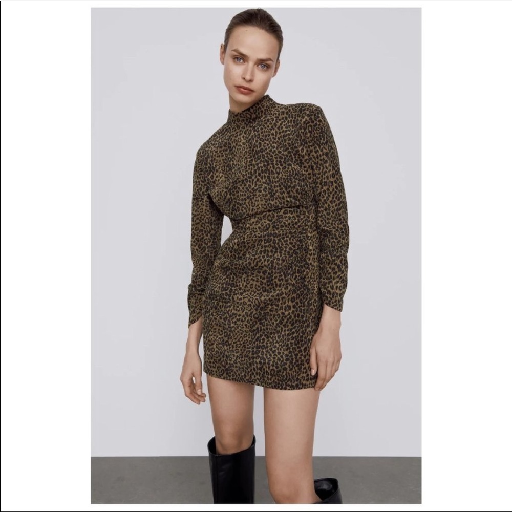 Zara Corduroy Cheetah Long Sleeve Mock Neck Dress